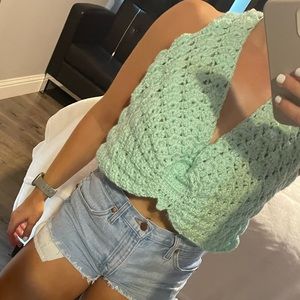 Handmade crochet mint butterfly backless top with adjustable ties